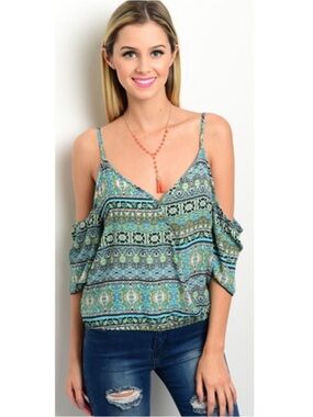 Boho Cold Shoulder Top Teal Tribal Print Flowy Spaghetti Strap Blouse